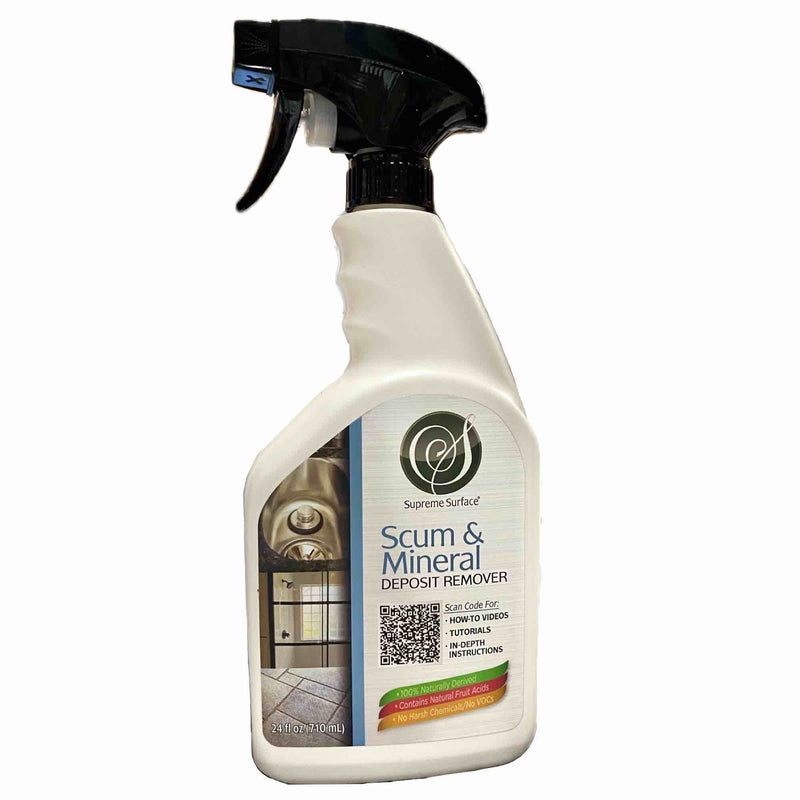 Supreme Surface Scum and Mineral Deposit Remover, 24 fl oz Spray. The front label shows a stainless steel kitchen sink, shower, glass door, tile, and grout.