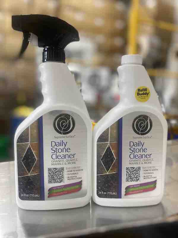 Supreme Surface® Daily Stone Cleaners for Granite Quartz Marble & More, 24 fl oz Spray, and 24 fl oz Refill Buddy.