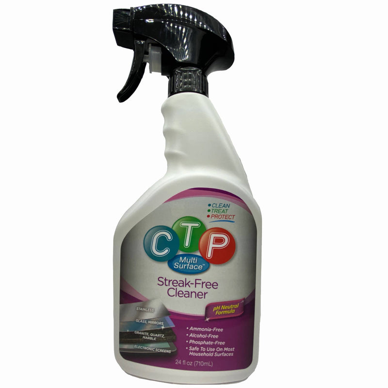 CTP Multi-Surface Streak Free cleaner for quartz, stainless steel, acrylic electronic screens, glass mirror and more. A pH neutral cleaner that's also safe to clean marble and granite countertops. It's ammonia-free, alcohol-free and considered a streakless cleaner for glass and mirror. This product is offered by Munro-Co Brands and Supreme Surface Cleaners.