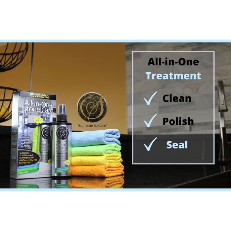 All-In-One Stone Care: (Cleaner Polish Sealer) Granite Quartz & Marble Treatment