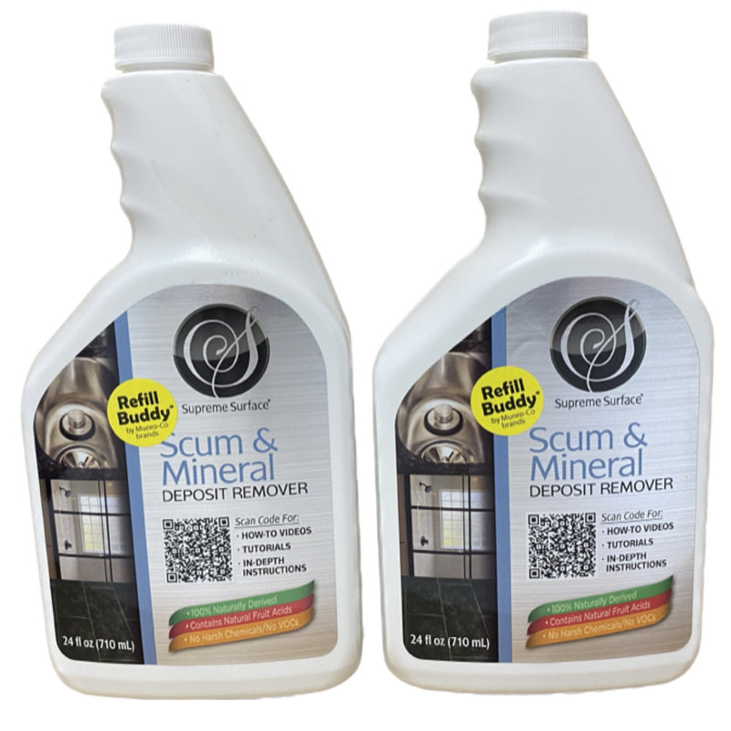 (2) pack of 24 fluid ounce, Supreme Surface Scum and Mineral Deposit Remover, Refill Buddies, front image featuring the label that says: Naturally powers away soap scum, calcium, limescale, hard water spots and more. Naturally derived, contains natural fruit acids, no harsh chemicals, no voc's. 24 fl oz 710 mil.