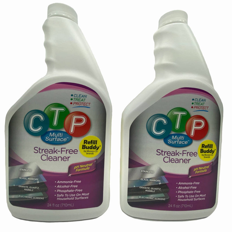 CTP Multi-Surface Streak-Free Cleaner, two pack of 24 fl oz refills. A pH neutral formula that cleans stainless steel, electronic screens, glass, mirror and more. Image shown are two 24 fluid oz Refill Buddies. Label says ammonia-free, alcohol-free and safe to use on most household surfaces.