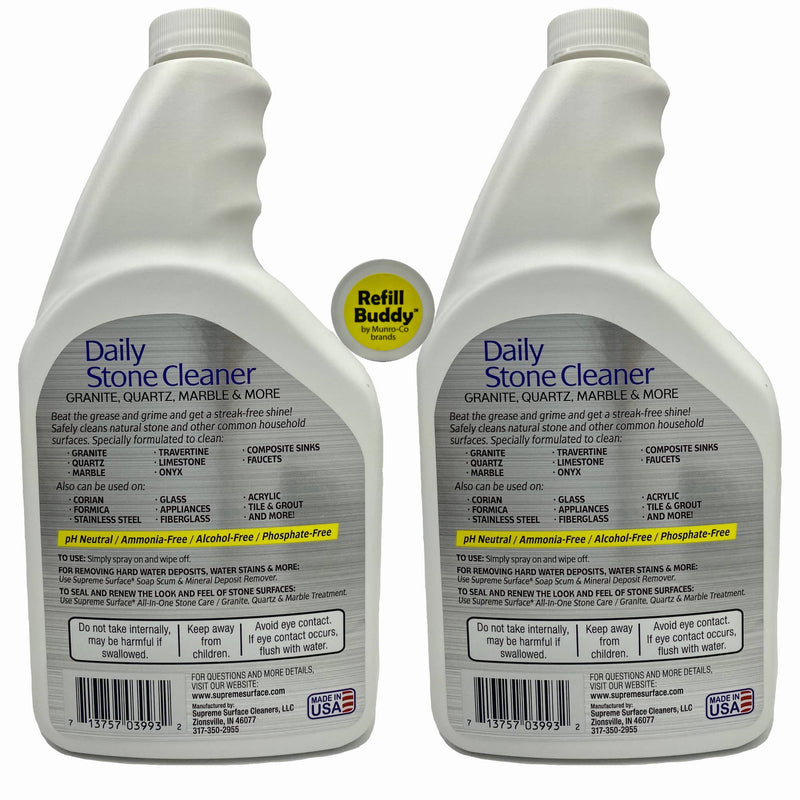 Two refill buddies show side-by-side featuring the backside label. Here's what it says: Daily Stone Cleaner for granite, quartz, marble and more. Beat the grease and grime and get a streak free shine. Safley cleans natural stone and other common surfaces. Specially formulated  to clean: granite, quartz, marble, travertine, limestone, onyx, composite sinks, faucets. Also can be used to clean corian, formica, stainless steel, glass, mirror, appliances, fiberglass, acrylic screens, tile and grout.
