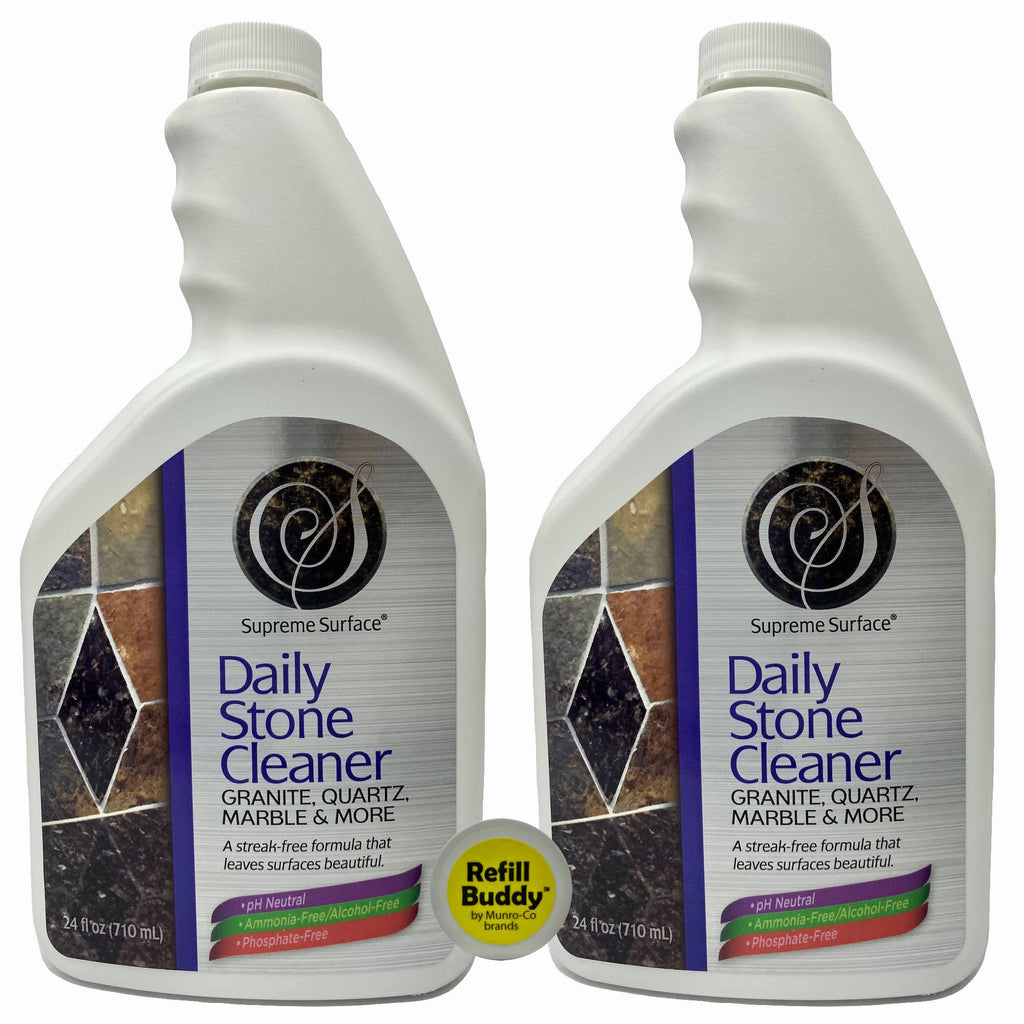 Supreme Surface Daily Stone Cleaner for Granite Quartz Marble and More, 2 Pack, 24 fl oz Refill Buddies. Two bottles without sprayers, because they are refills, showing the front label. Additional notes: A streak-free formula that leaves surfaces beautiful, pH neutral, ammonia free, phosphate free.