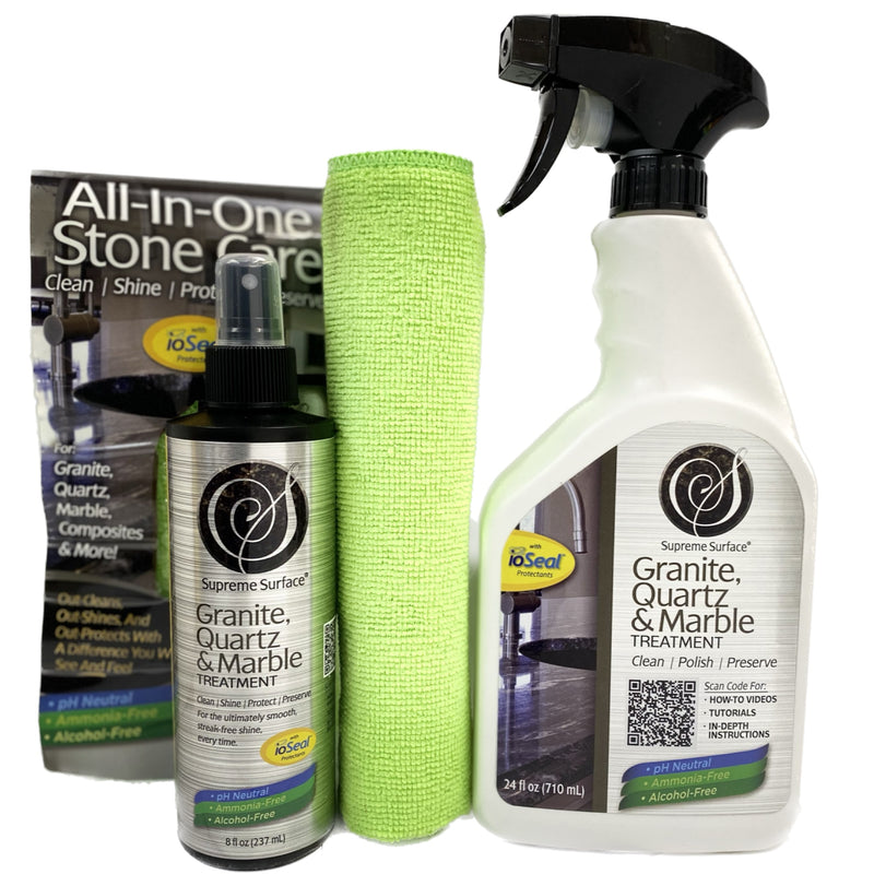 supreme surface granite quartz and marble treatment with ioSeal, 8 fl oz in an All-in-one pack with green microfiber towel and a 24 fl oz spray. These products are sold as a value pack offering the best discount.