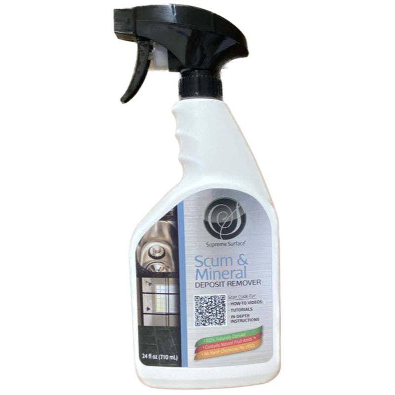supreme surface scum and mineral deposit remover, front image featuring the label that says: Naturally powers away soap scum, calcium, limescale, hard water spots and more. Naturally derived, contains natural fruit acids, no harsh chemicals, no voc's. 24 fl oz 710 mil.