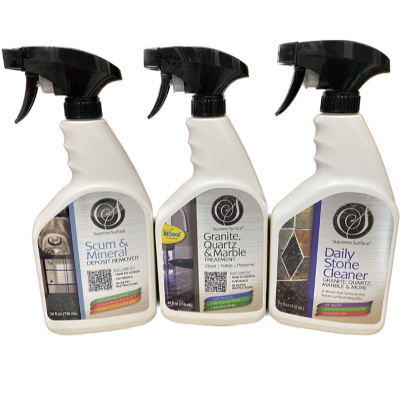 Supreme Surface@ Big-3 Value Pack: (1) Granite Quartz & Marble Treatment 24 fl oz Spray, (1) Daily Stone Cleaner 24 fl oz Spray, (1) Scum and Mineral Deposit Remover 24 fl oz Spray. This kit comes with a random colored Microfiber towel. 
