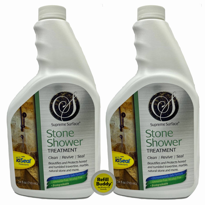 Supreme Surface Stone Shower Treatment , AKA Stone Shower Cleaner and Conditioner, Refill Buddies. This picture shows  2 refills side-by-side with a cap on the bottom that says Refill Buddy. The front label is featured and says: Stone shower treatment clean, revive seal. Beautifies and protects honed polished and tumbled travertine, marble and other natural stones. Environmentally safe formula, Ammonia-free, Biodegradable. ioseal